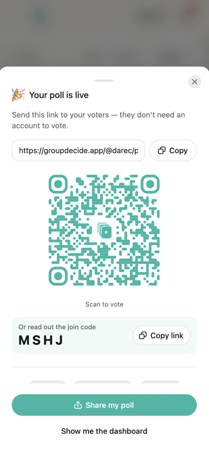 The share sheet showing a poll link and four-letter join code